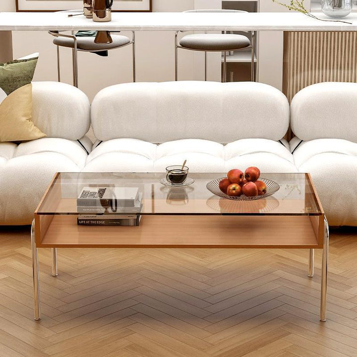 Moderner minimalistischer rechteckiger Couchtisch aus Massivholz, gehärtetem Glas & Edelstahl, 2 Ebenen, für das Wohnzimmer 