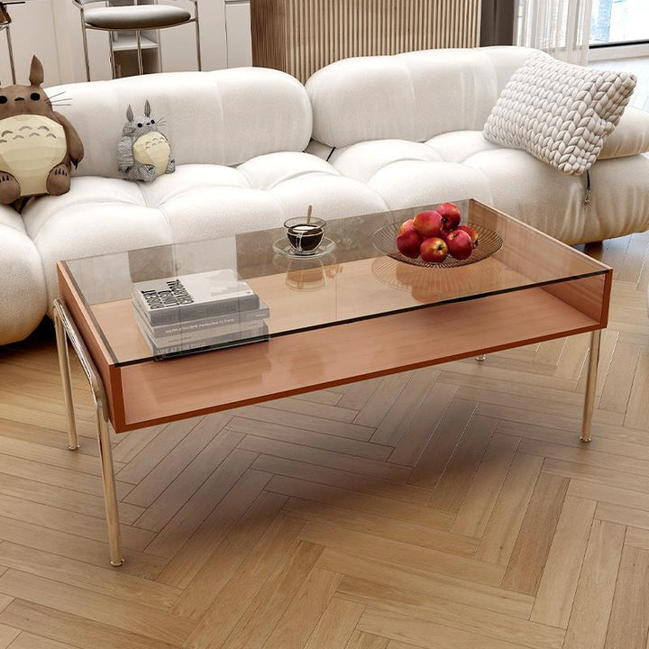 Moderner minimalistischer rechteckiger Couchtisch aus Massivholz, gehärtetem Glas & Edelstahl, 2 Ebenen, für das Wohnzimmer 