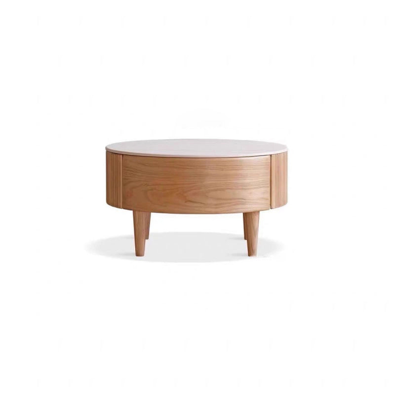 Conjunto contemporáneo de mesas de centro redondas de madera maciza escandinava, contrachapado y piedra sinterizada con gran cajón de almacenamiento para la sala de estar 