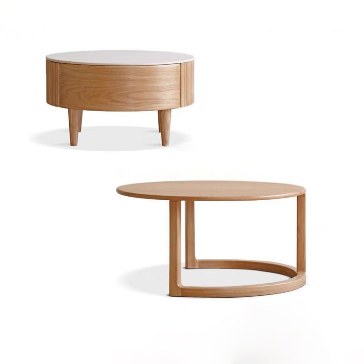 Conjunto contemporáneo de mesas de centro redondas de madera maciza escandinava, contrachapado y piedra sinterizada con gran cajón de almacenamiento para la sala de estar 