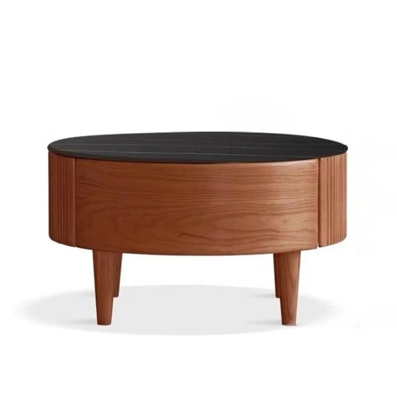 Conjunto contemporáneo de mesas de centro redondas de madera maciza escandinava, contrachapado y piedra sinterizada con gran cajón de almacenamiento para la sala de estar 