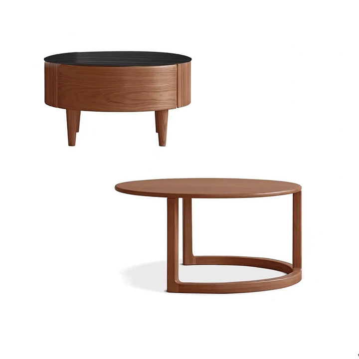 Conjunto contemporáneo de mesas de centro redondas de madera maciza escandinava, contrachapado y piedra sinterizada con gran cajón de almacenamiento para la sala de estar 
