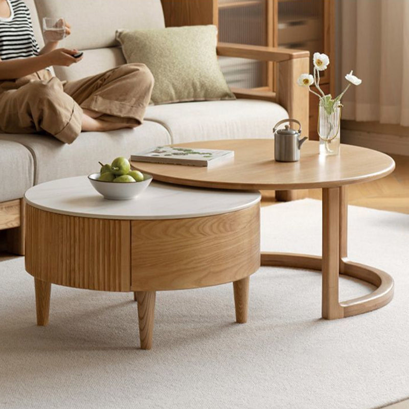 Conjunto contemporáneo de mesas de centro redondas de madera maciza escandinava, contrachapado y piedra sinterizada con gran cajón de almacenamiento para la sala de estar 