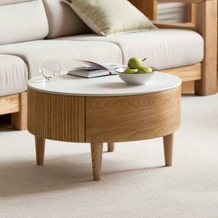 Zeitgenössisches skandinavisches rundes Couchtisch-Set aus Massivholz, Sperrholz und Sinterstein mit großer Schubladenaufbewahrung für das Wohnzimmer 