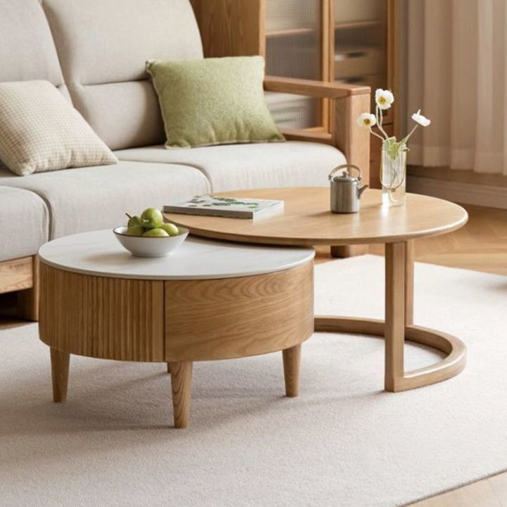 Zeitgenössisches skandinavisches rundes Couchtisch-Set aus Massivholz, Sperrholz und Sinterstein mit großer Schubladenaufbewahrung für das Wohnzimmer 