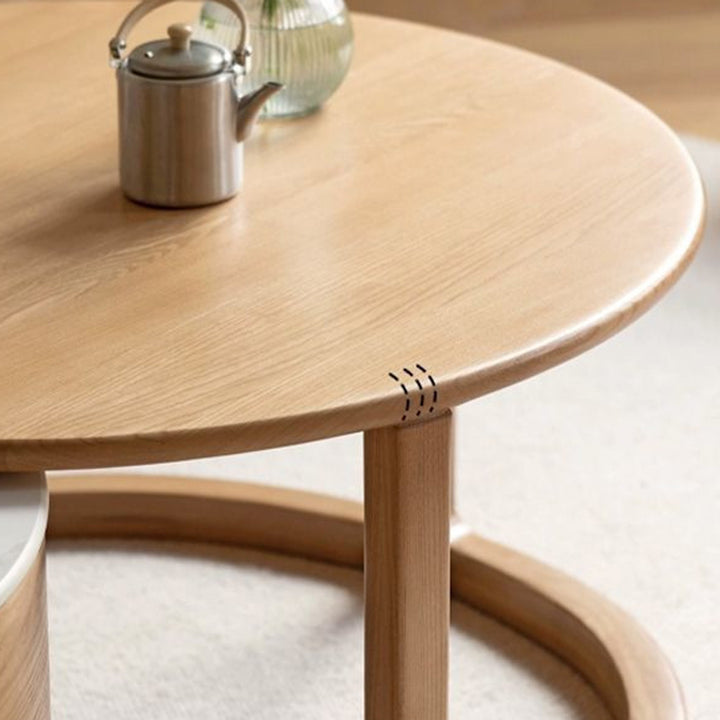 Conjunto contemporáneo de mesas de centro redondas de madera maciza escandinava, contrachapado y piedra sinterizada con gran cajón de almacenamiento para la sala de estar 