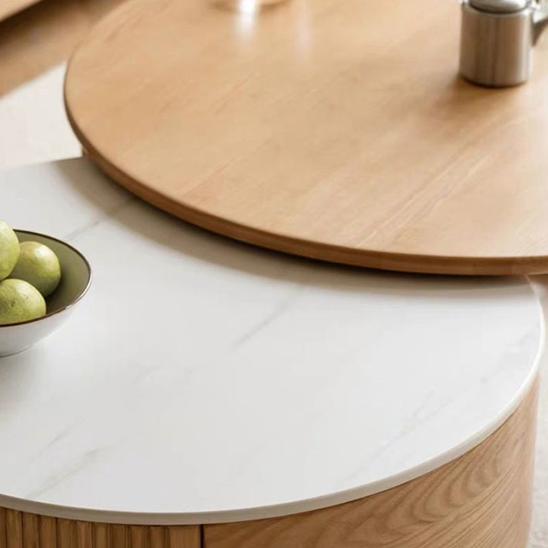 Conjunto contemporáneo de mesas de centro redondas de madera maciza escandinava, contrachapado y piedra sinterizada con gran cajón de almacenamiento para la sala de estar 