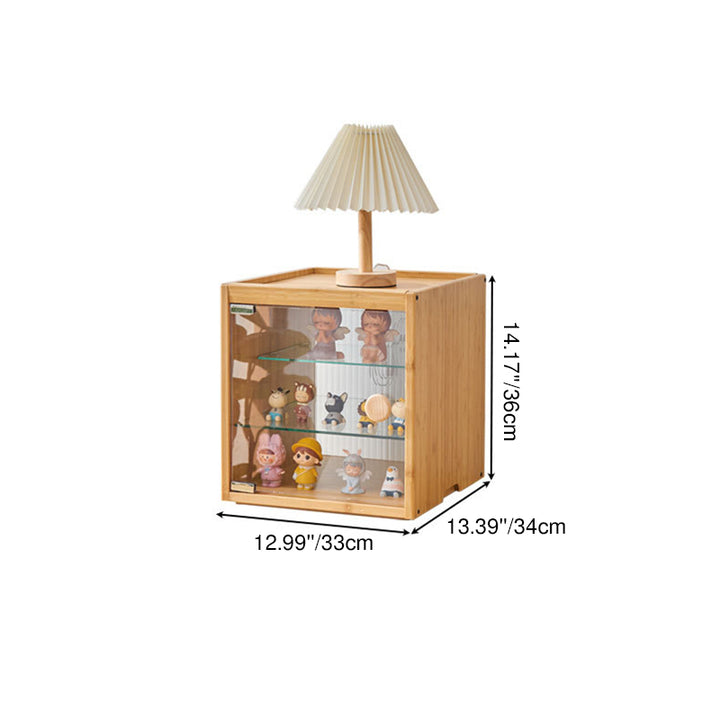 Moderner minimalistischer rechteckiger Ausstellungsständer aus Bambus mit Glastür, 3-stufigem Stauraum für Spielzeug & Sammlerstücke für Wohnzimmer & Schlafzimmer 