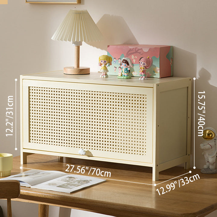Armoire de rangement rectangulaire blanche en MDF bambou au design moderne et épuré, avec porte rabattable en rotin, 2 à 5 niveaux, pour salon et bureau 