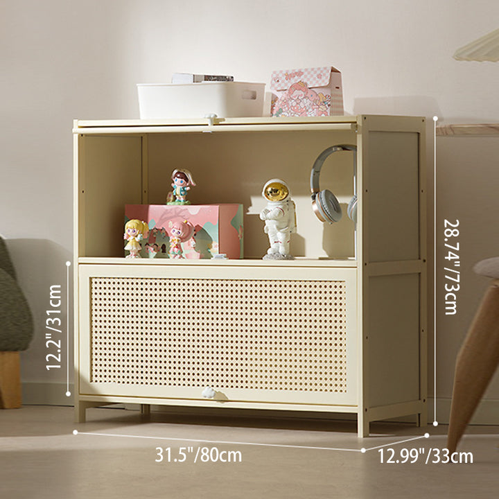 Armoire de rangement rectangulaire blanche en MDF bambou au design moderne et épuré, avec porte rabattable en rotin, 2 à 5 niveaux, pour salon et bureau 