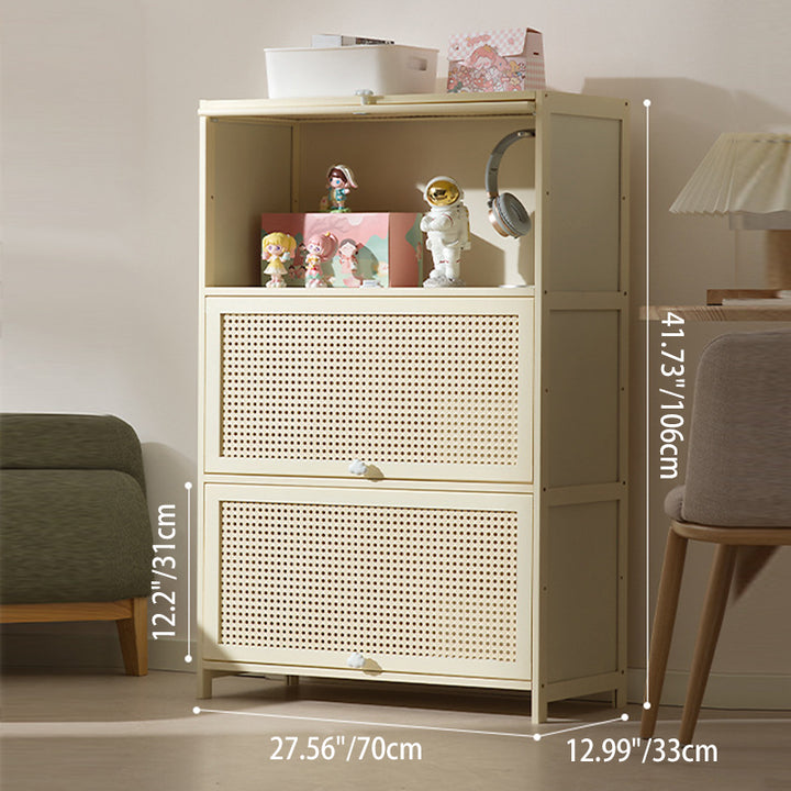 Armoire de rangement rectangulaire blanche en MDF bambou au design moderne et épuré, avec porte rabattable en rotin, 2 à 5 niveaux, pour salon et bureau 