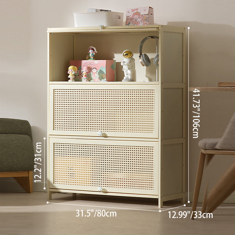 Armoire de rangement rectangulaire blanche en MDF bambou au design moderne et épuré, avec porte rabattable en rotin, 2 à 5 niveaux, pour salon et bureau 