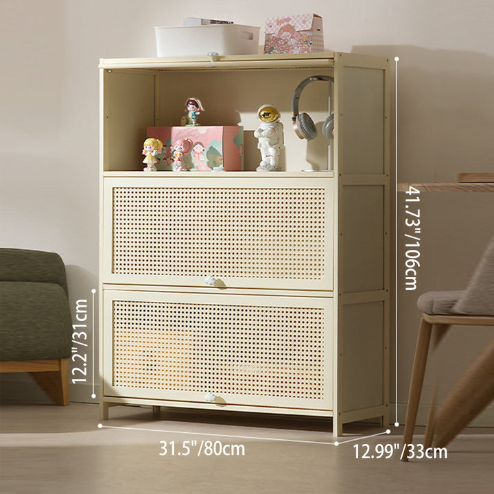 Armoire de rangement rectangulaire blanche en MDF bambou au design moderne et épuré, avec porte rabattable en rotin, 2 à 5 niveaux, pour salon et bureau 
