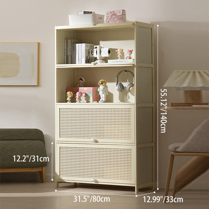 Armoire de rangement rectangulaire blanche en MDF bambou au design moderne et épuré, avec porte rabattable en rotin, 2 à 5 niveaux, pour salon et bureau 