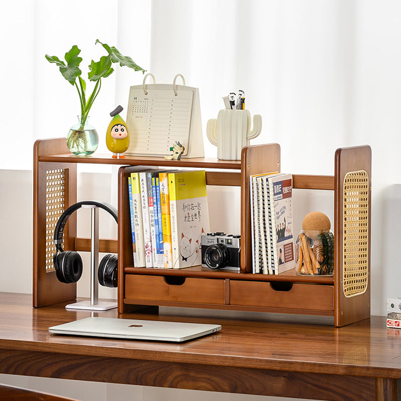 Modern Minimalist Bamboo Expandable Desk Bookshelf With 2 Drawers Organizer For Home Office