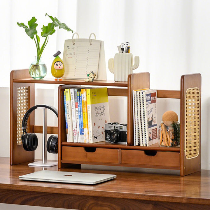 Modern Minimalist Bamboo Expandable Desk Bookshelf With 2 Drawers Organizer For Home Office