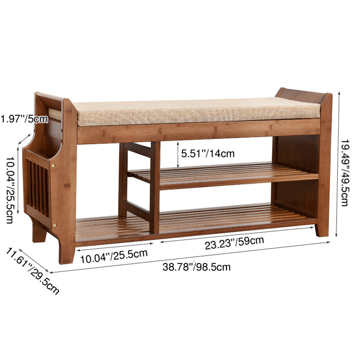 Traditional Vintage Bamboo Fabric Rectangular Entryway Shoe Bench 3-Tier Storage With Drawer For Entryway