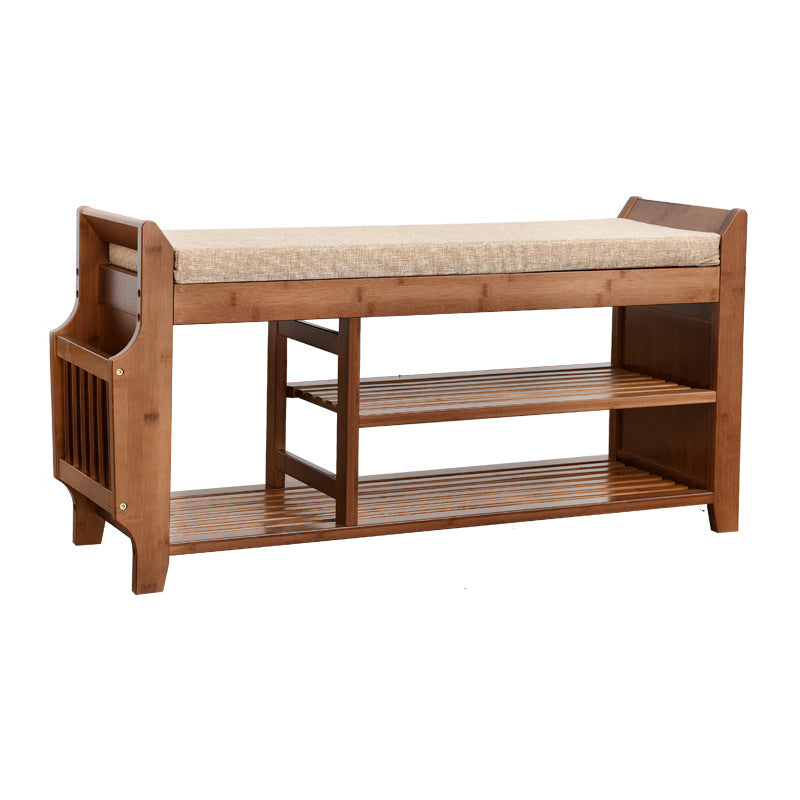 Traditional Vintage Bamboo Fabric Rectangular Entryway Shoe Bench 3-Tier Storage With Drawer For Entryway