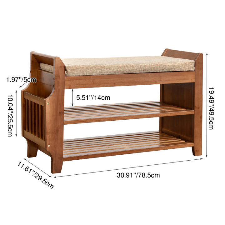 Traditional Vintage Bamboo Fabric Rectangular Entryway Shoe Bench 3-Tier Storage With Drawer For Entryway