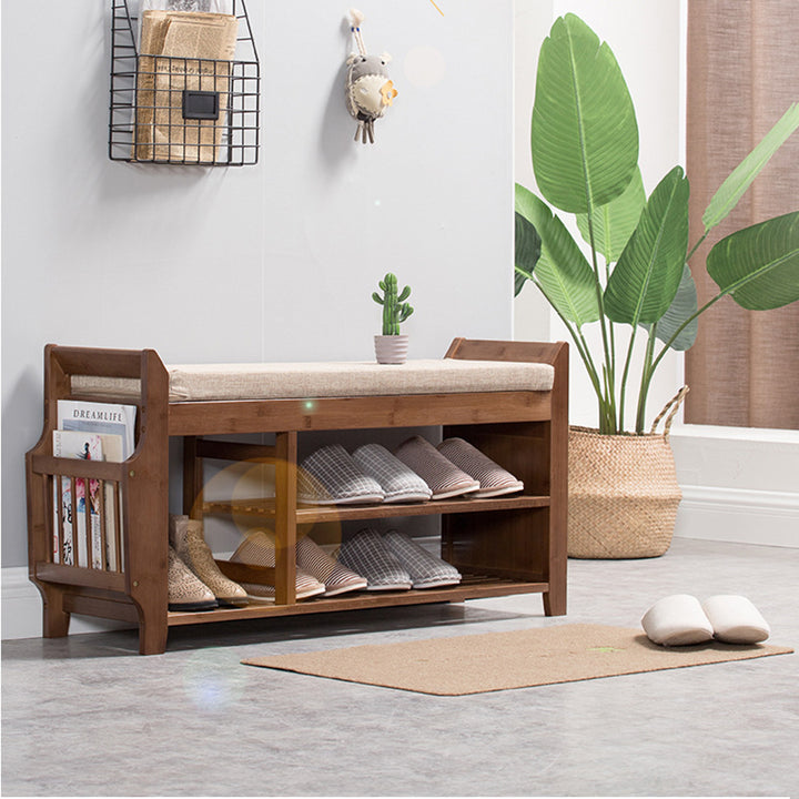 Traditional Vintage Bamboo Fabric Rectangular Entryway Shoe Bench 3-Tier Storage With Drawer For Entryway