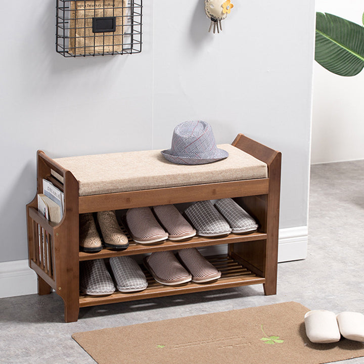 Traditional Vintage Bamboo Fabric Rectangular Entryway Shoe Bench 3-Tier Storage With Drawer For Entryway