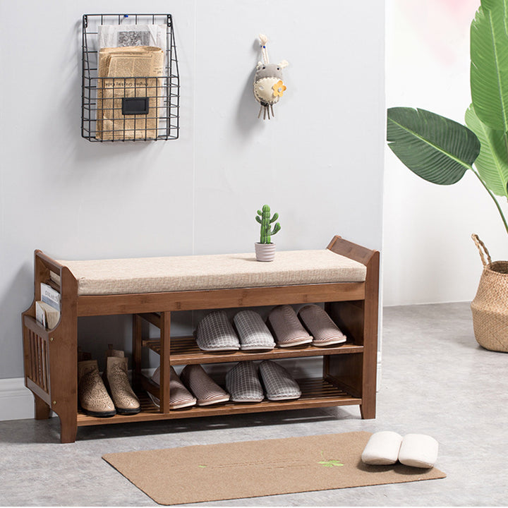 Traditional Vintage Bamboo Fabric Rectangular Entryway Shoe Bench 3-Tier Storage With Drawer For Entryway