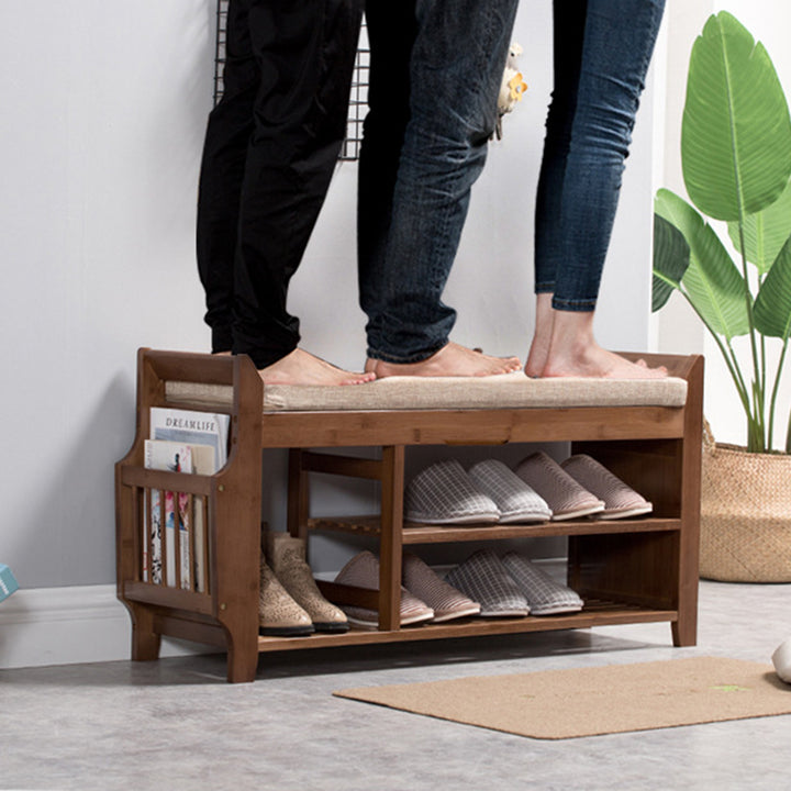 Traditional Vintage Bamboo Fabric Rectangular Entryway Shoe Bench 3-Tier Storage With Drawer For Entryway