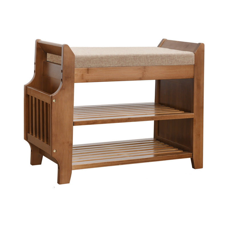 Traditional Vintage Bamboo Fabric Rectangular Entryway Shoe Bench 3-Tier Storage With Drawer For Entryway