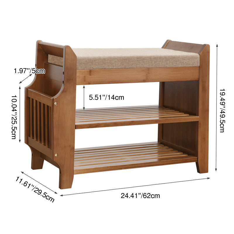 Traditional Vintage Bamboo Fabric Rectangular Entryway Shoe Bench 3-Tier Storage With Drawer For Entryway