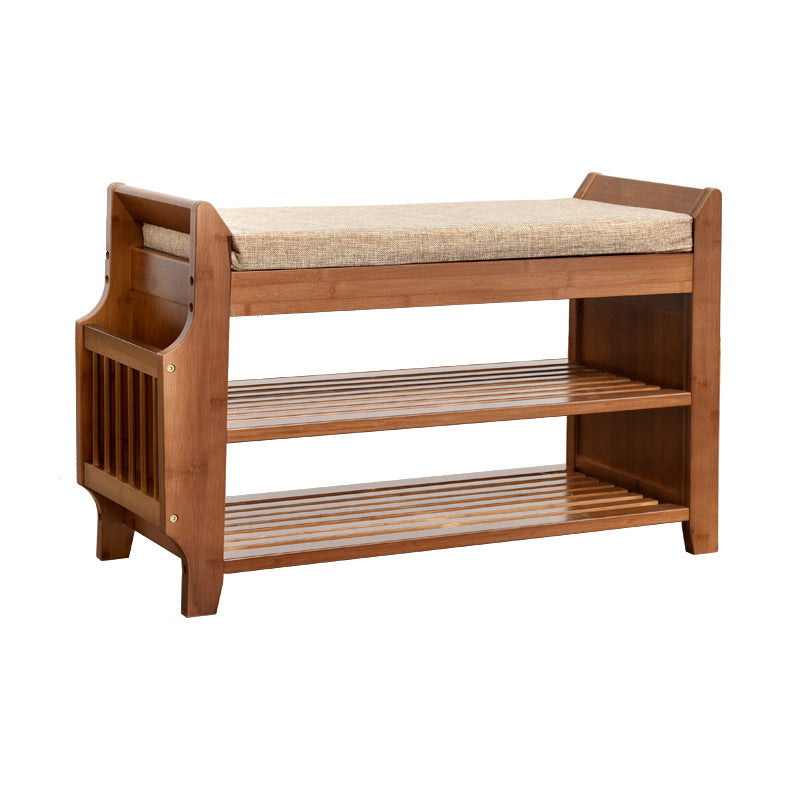 Traditional Vintage Bamboo Fabric Rectangular Entryway Shoe Bench 3-Tier Storage With Drawer For Entryway