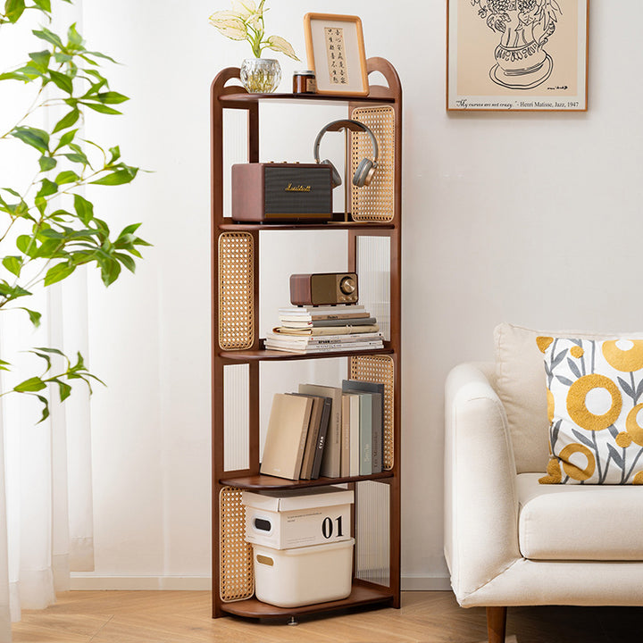 Traditionelles Vintage-Eckregal aus Bambus, Acrylharz und Rattan-Geflecht in rechteckiger Form mit 4/5 Ebenen, platzsparendem Aufbewahrungsregal für das Wohnzimmer 