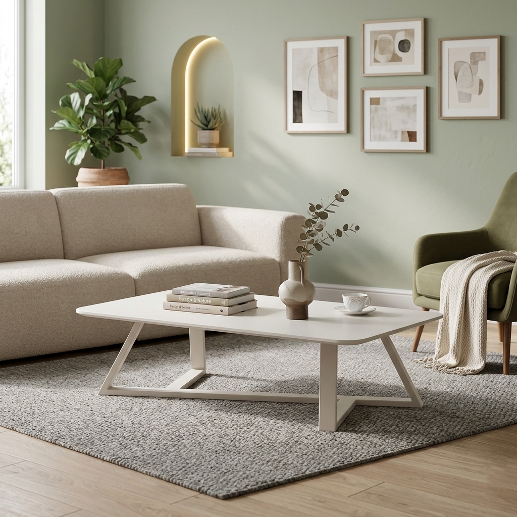 Moderner minimalistischer Couchtisch aus MDF und Kohlenstoffstahl in Weiß mit abgerundet rechteckiger Form für das Wohnzimmer 