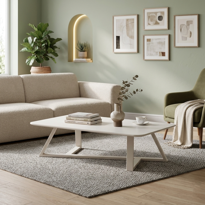 Moderner minimalistischer Couchtisch aus MDF und Kohlenstoffstahl in Weiß mit abgerundet rechteckiger Form für das Wohnzimmer 