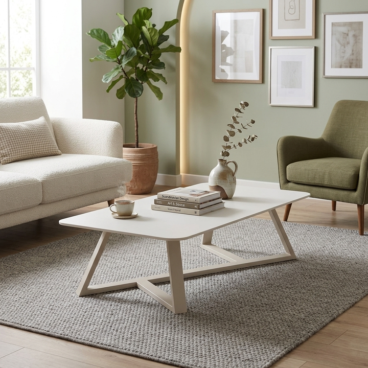 Moderner minimalistischer Couchtisch aus MDF und Kohlenstoffstahl in Weiß mit abgerundet rechteckiger Form für das Wohnzimmer 