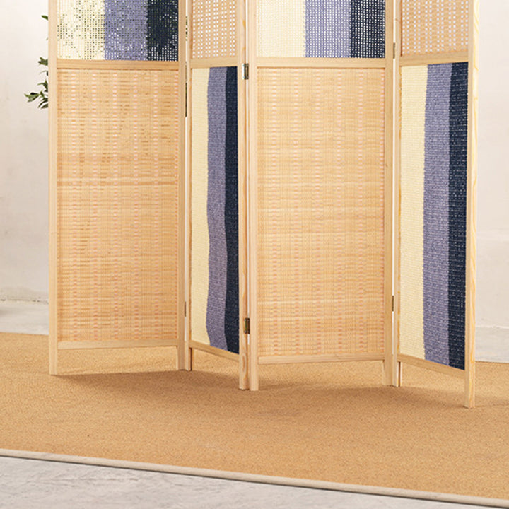 Traditioneller rechteckiger faltbarer Raumteiler-Sichtschutz aus massivem Holz, Bambusleisten und Papierseilgeflecht im japanischen Stil für das Wohnzimmer 