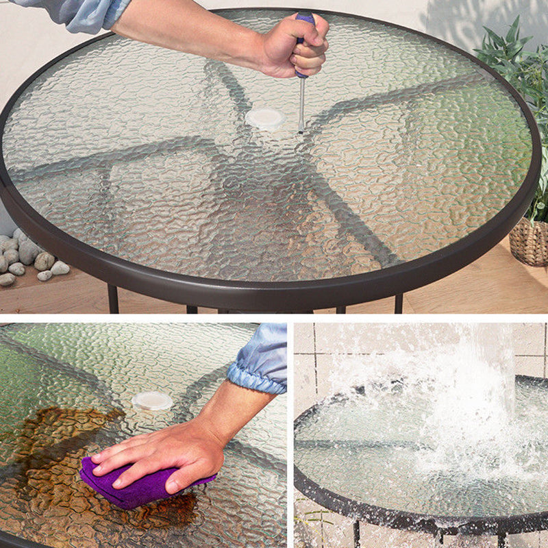 Modern Minimalist Tempered Glass Iron Ripple Top Round Coffee Table With Umbrella Hole For Outdoor Patio