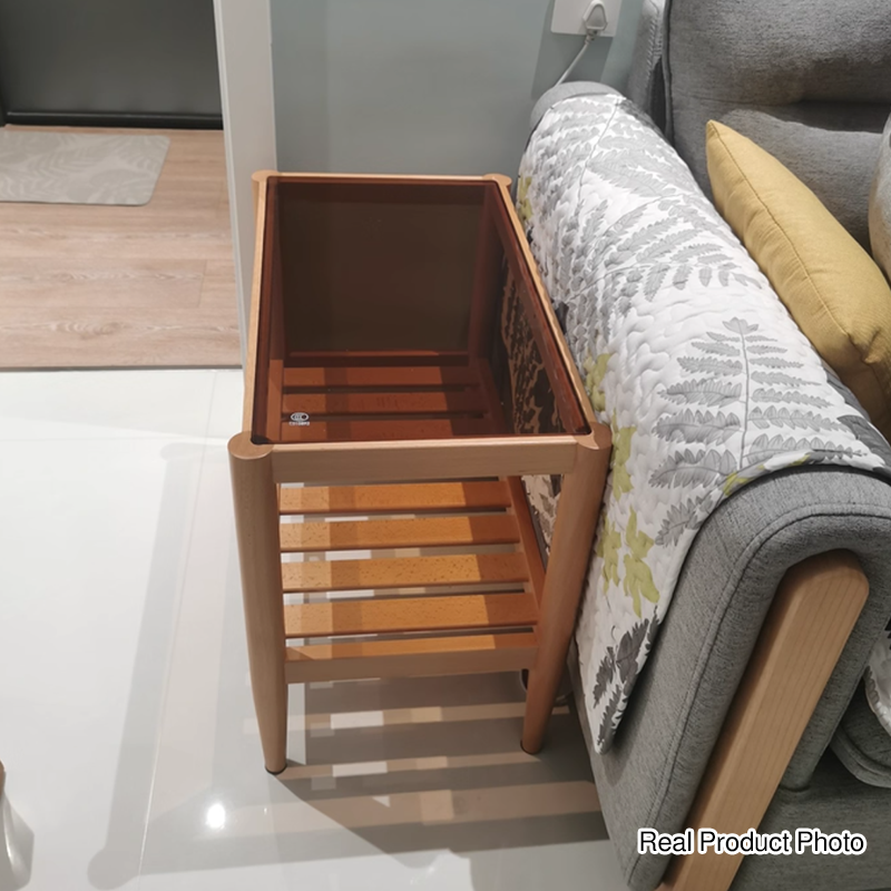 Mesa auxiliar rectangular moderna minimalista de madera maciza y vidrio con almacenamiento de 2 niveles, ahorra espacio, para sala de estar y dormitorio 