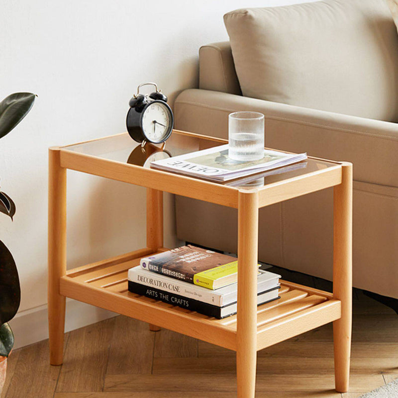 Mesa auxiliar rectangular moderna minimalista de madera maciza y vidrio con almacenamiento de 2 niveles, ahorra espacio, para sala de estar y dormitorio 