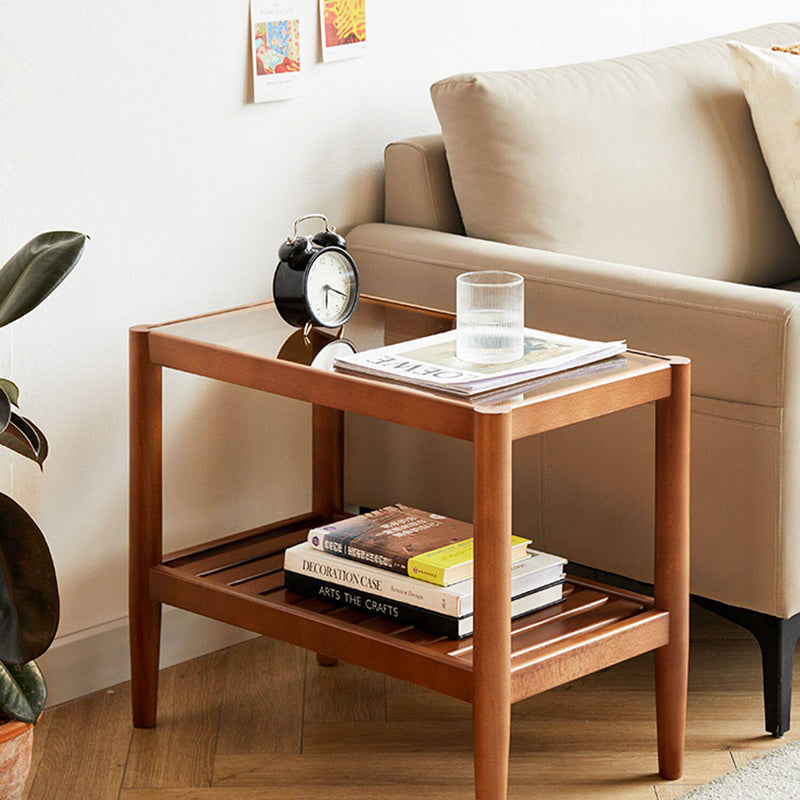 Mesa auxiliar rectangular moderna minimalista de madera maciza y vidrio con almacenamiento de 2 niveles, ahorra espacio, para sala de estar y dormitorio 