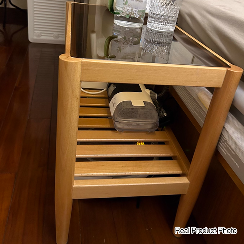 Mesa auxiliar rectangular moderna minimalista de madera maciza y vidrio con almacenamiento de 2 niveles, ahorra espacio, para sala de estar y dormitorio 
