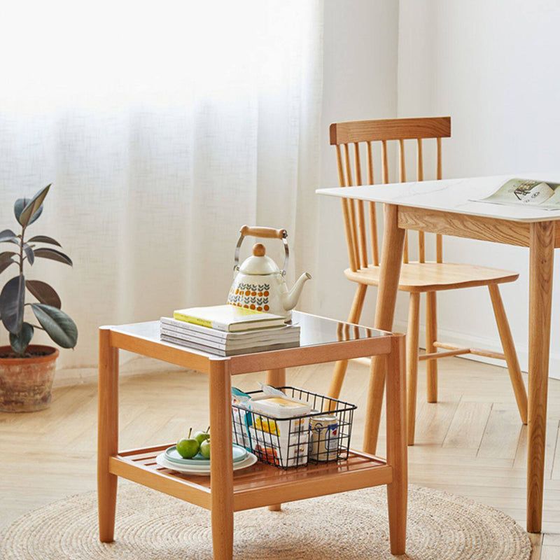 Mesa auxiliar rectangular moderna minimalista de madera maciza y vidrio con almacenamiento de 2 niveles, ahorra espacio, para sala de estar y dormitorio 