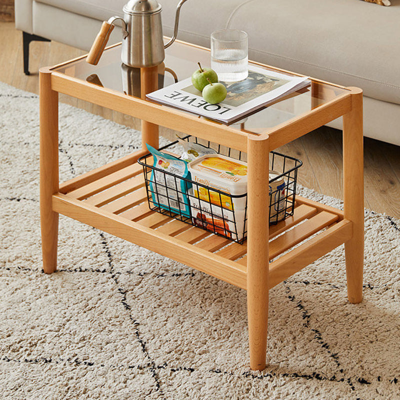 Mesa auxiliar rectangular moderna minimalista de madera maciza y vidrio con almacenamiento de 2 niveles, ahorra espacio, para sala de estar y dormitorio 