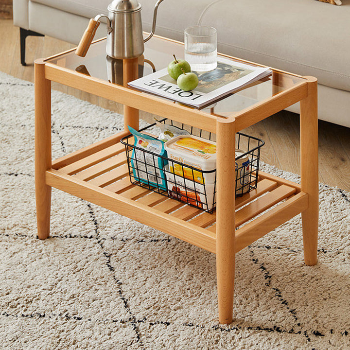 Mesa auxiliar rectangular moderna minimalista de madera maciza y vidrio con almacenamiento de 2 niveles, ahorra espacio, para sala de estar y dormitorio 