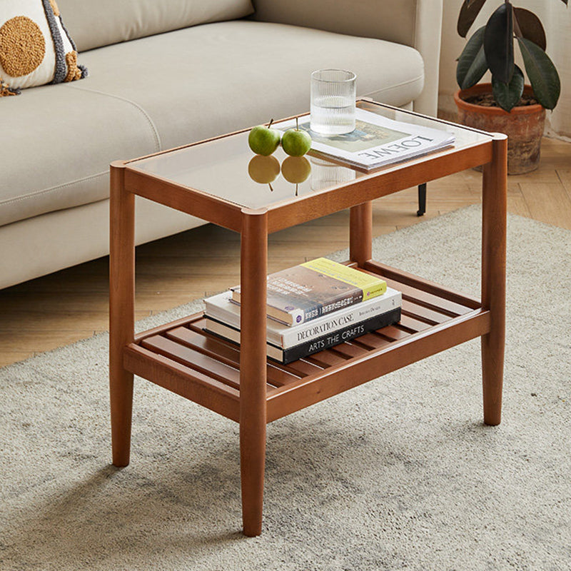 Mesa auxiliar rectangular moderna minimalista de madera maciza y vidrio con almacenamiento de 2 niveles, ahorra espacio, para sala de estar y dormitorio 