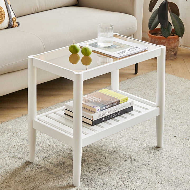 Mesa auxiliar rectangular moderna minimalista de madera maciza y vidrio con almacenamiento de 2 niveles, ahorra espacio, para sala de estar y dormitorio 