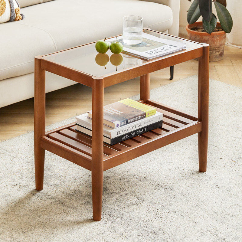 Mesa auxiliar rectangular moderna minimalista de madera maciza y vidrio con almacenamiento de 2 niveles, ahorra espacio, para sala de estar y dormitorio 