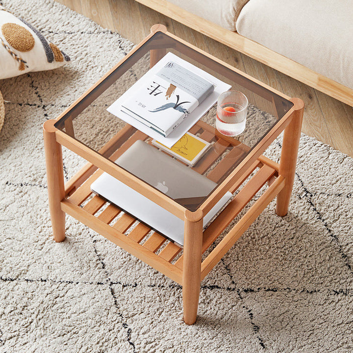 Mesa auxiliar rectangular moderna minimalista de madera maciza y vidrio con almacenamiento de 2 niveles, ahorra espacio, para sala de estar y dormitorio 