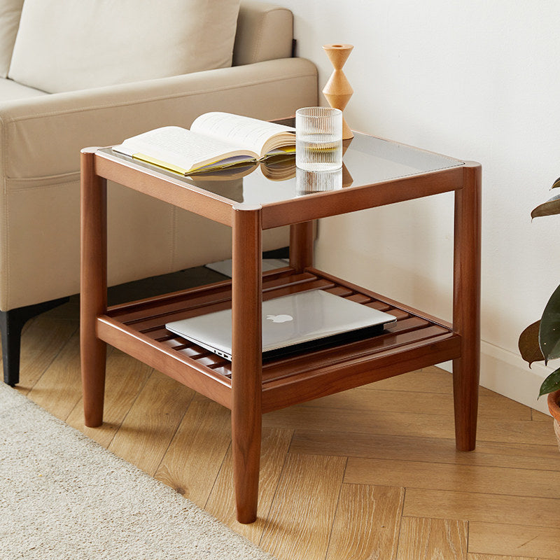 Mesa auxiliar rectangular moderna minimalista de madera maciza y vidrio con almacenamiento de 2 niveles, ahorra espacio, para sala de estar y dormitorio 