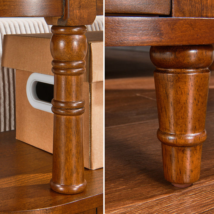 Traditional Vintage Rubberwood &amp; Plywood Rounded-Edge Side Table Storage Rack 2 Drawers For Living Room