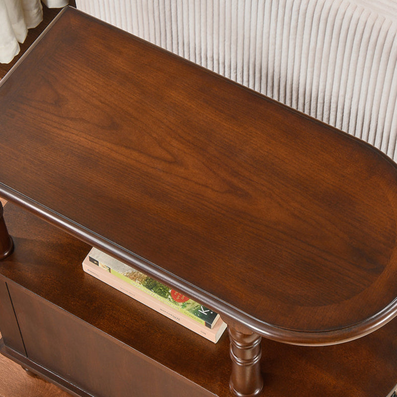 Traditional Vintage Rubberwood &amp; Plywood Rounded-Edge Side Table Storage Rack 2 Drawers For Living Room